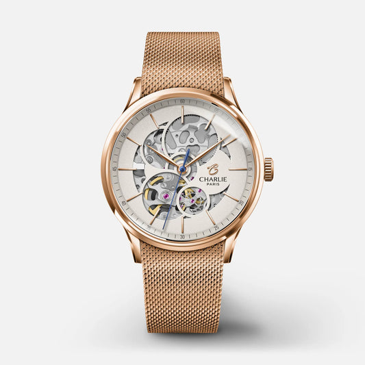 CHARLIE PARIS : INITIAL 36 AUTOMATIQUE AJOURÉE DORÉ ROSE