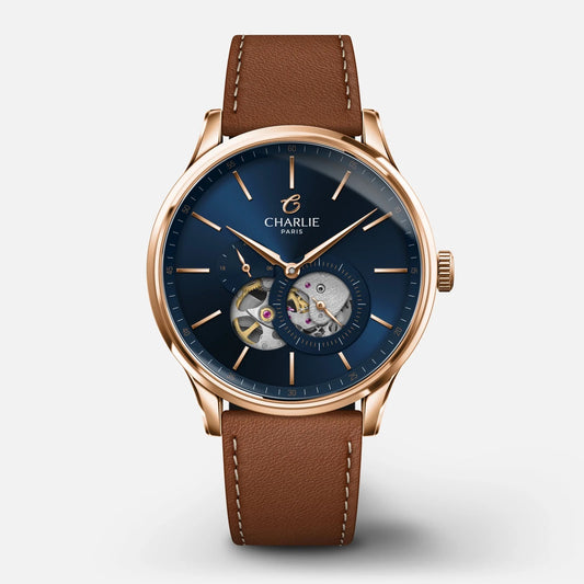 CHARLIE PARIS WATCH: INITIAL OPEN HEART ROSE GOLD & BLUE