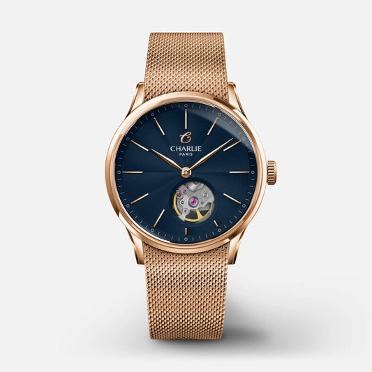 CHARLIE PARIS WATCH: INITIAL 35 OPEN HEART ROSE GOLD & BLUE