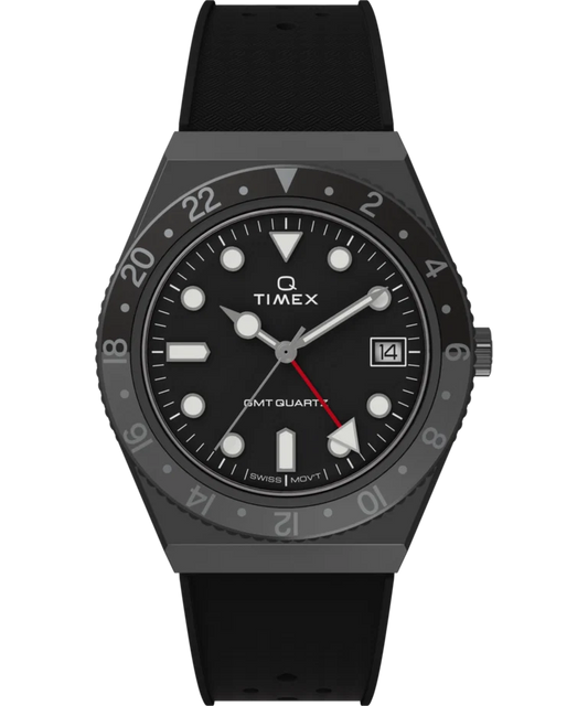 Timex : Q Timex GMT noir 38 mm, vue de face