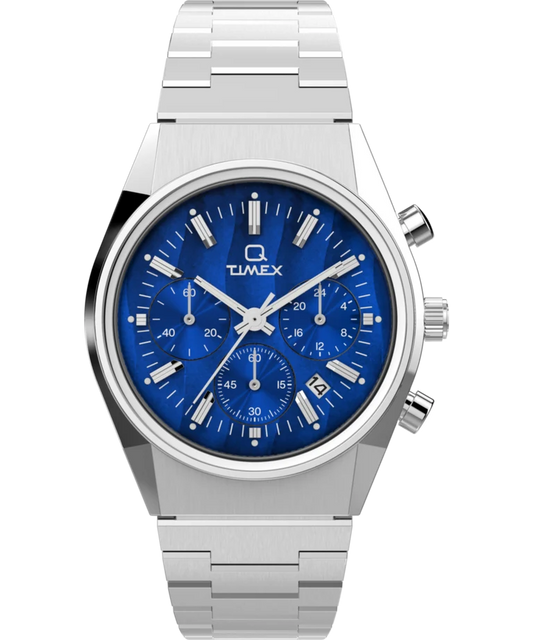 Timex : Q Timex Falcon Eye chronographe bleu 40 mm, vue de face