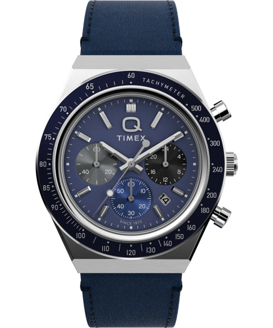 Timex : Q Timex chronographe bleu 40 mm, vue de face