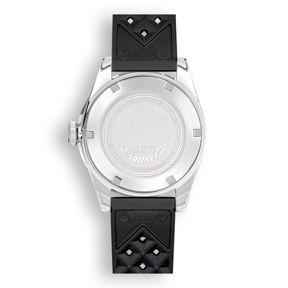 Squale 1545 noire — bracelet caoutchouc noir — vue de dos