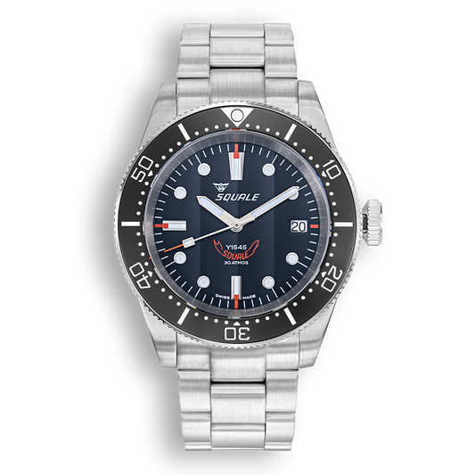 Squale 1545 noire — bracelet acier — vue de face