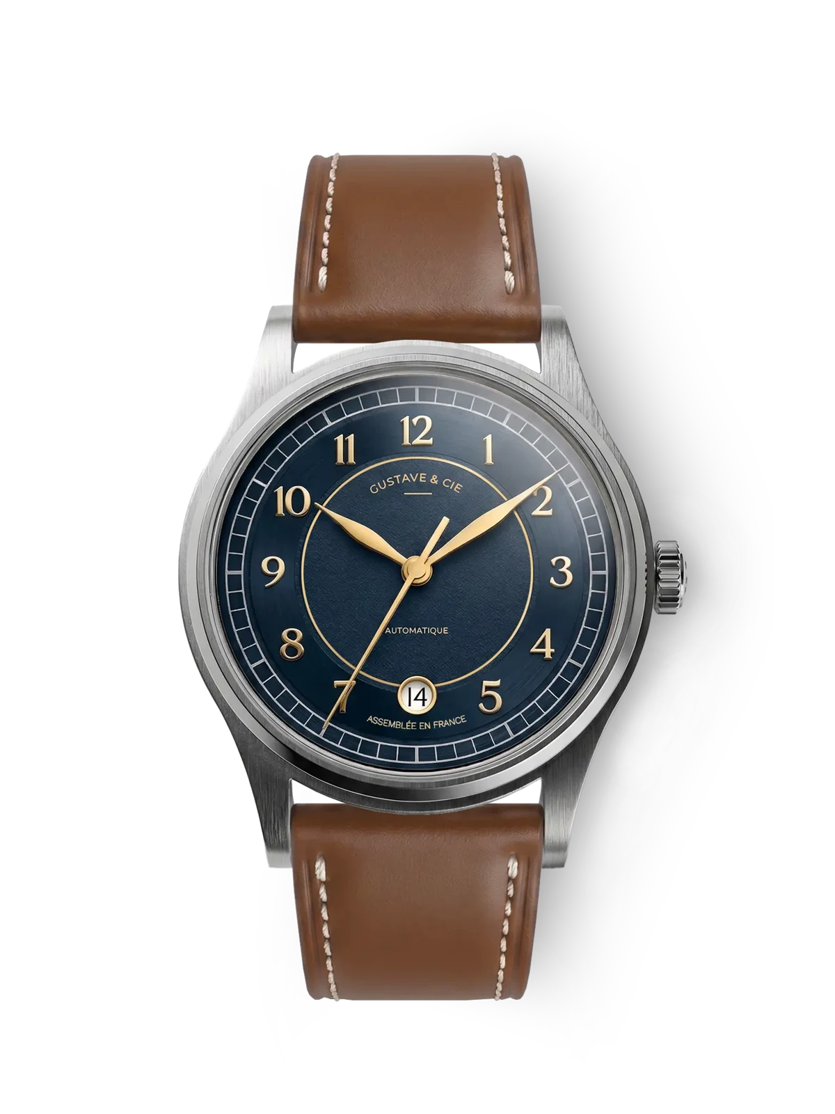 Gustave & Cie Charles Argent Et Bleu — Cuir Marron Havane Surpiqué