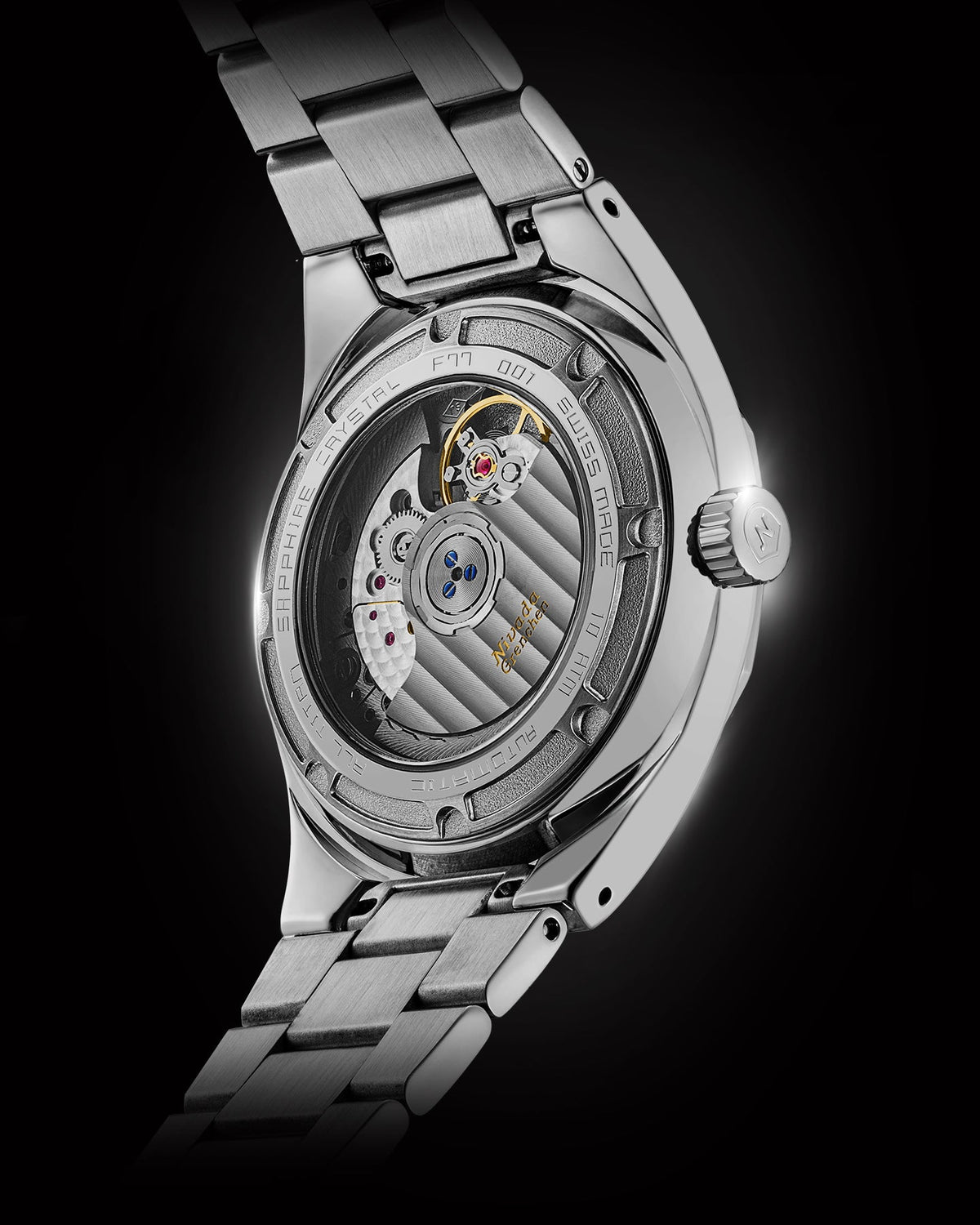 Montre Nivada Grenchen : F77 Titanium Open Heart MK2 Météorite : vue de détail