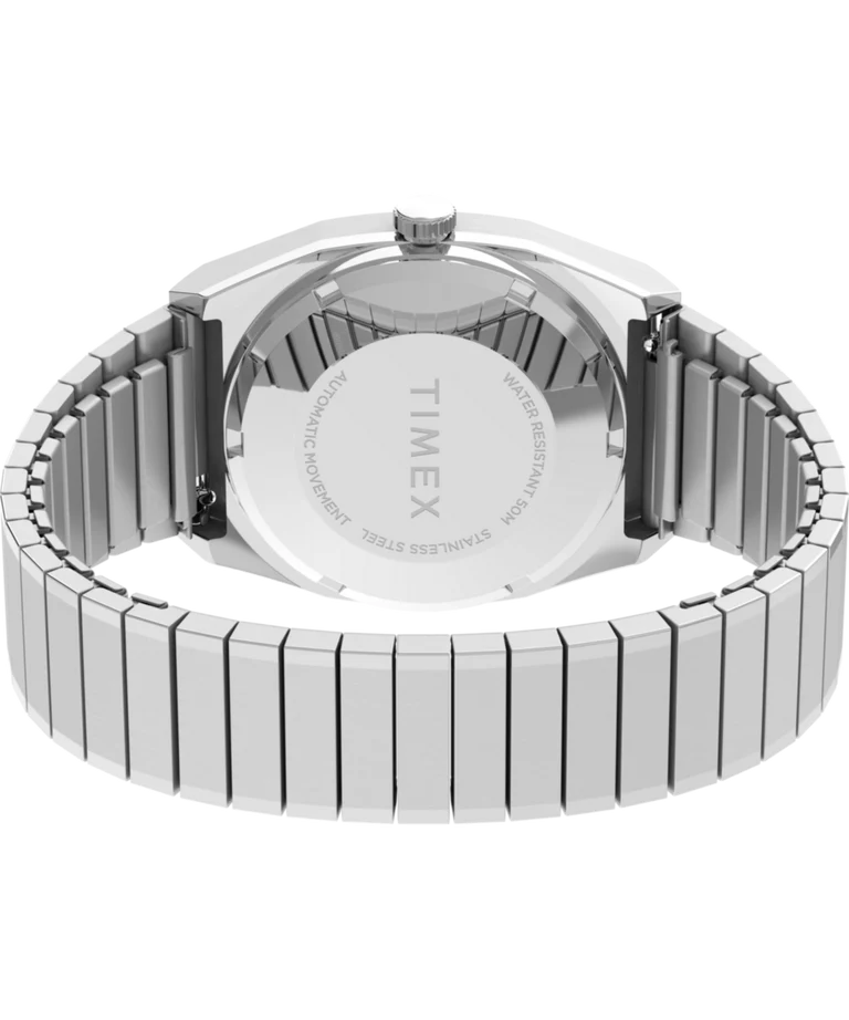 Timex : 1983 E Line automatique Reissue argenté 34 mm, vue de présentation