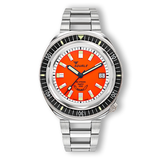Squale 2001 Reverse Orange sur bracelet acier ajouré, vue de face