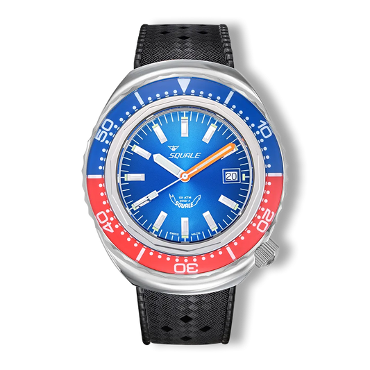 Squale 2002 bleu-rouge, caoutchouc noir, vue de face