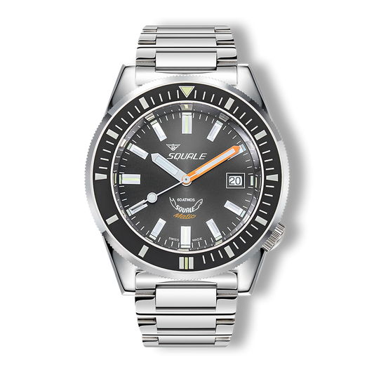 Squale Matic grise, bracelet acier, vue de face