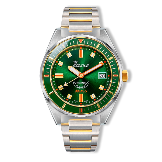 Squale Matic S verte bicolore, bracelet acier, vue de face