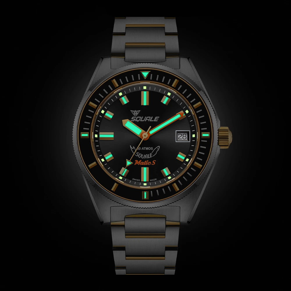 Squale Matic S noire bicolore, bracelet acier, luminescence