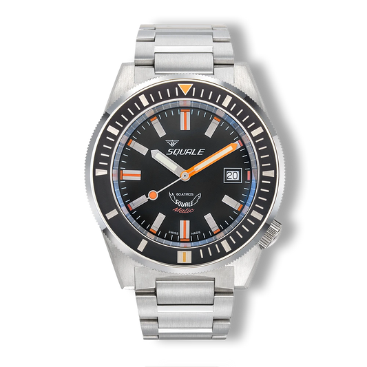 Squale Matic noire satinée, bracelet acier, vue de face