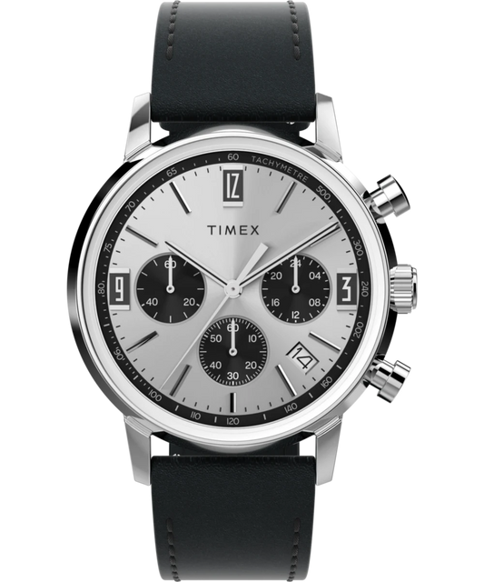 Timex : Marlin chronographe tachymètre argenté 40 mm TW2W10300, vue de face