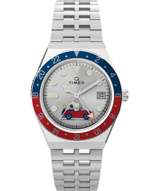 Timex : Peanuts x Q Timex GMT argenté 38 mm TW2W83300, vue de face