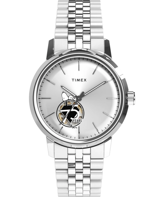 Timex : Peanuts x Timex Marlin automatique 75e anniversaire argenté 40 mm TW2Y45000, vue de face