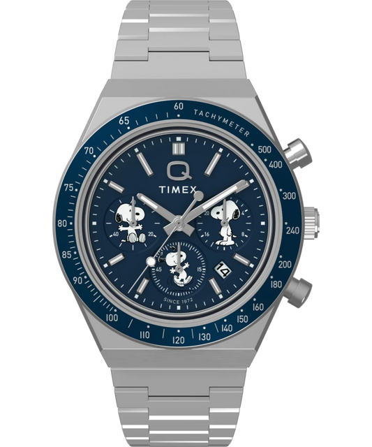 Timex : Peanuts x Q Timex chronographe bleu 40 mm TW2Y45300, vue de face