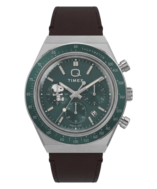 Timex : Peanuts x Q Timex chronographe vert 40 mm TW6A04400, vue de face