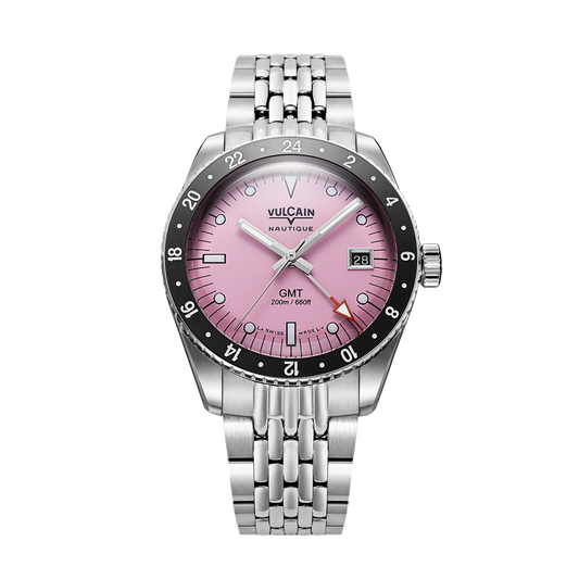 Vue de face sur acier grain de riz – Vulcain Skindiver Nautique GMT rose
