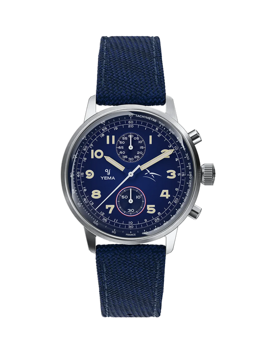 Yema Flygraf bi-compax AAE bleue : vue de face sur bracelet canvas bleu