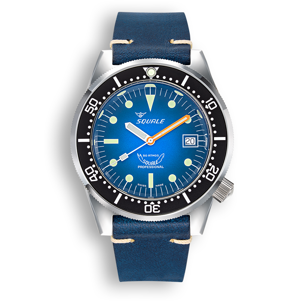 Squale 1521 Blue Ray — Cuir bleu — vue de face