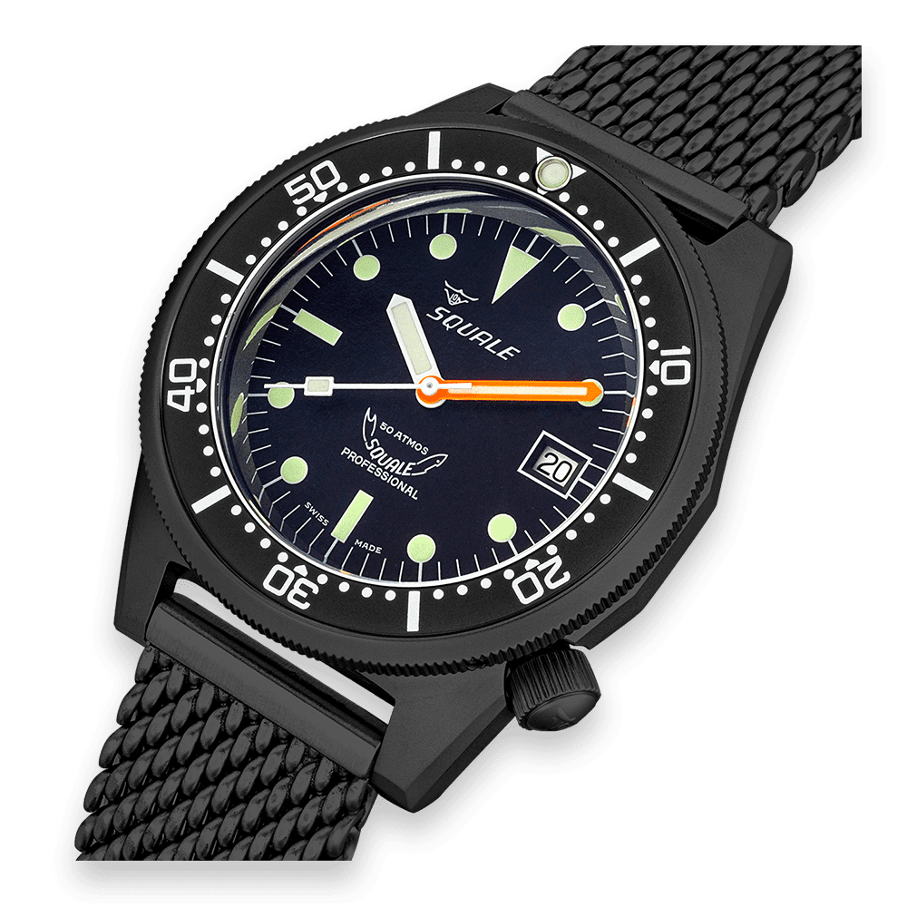 Squale 1521 DLC noire — Milanais noir — détail de la montre