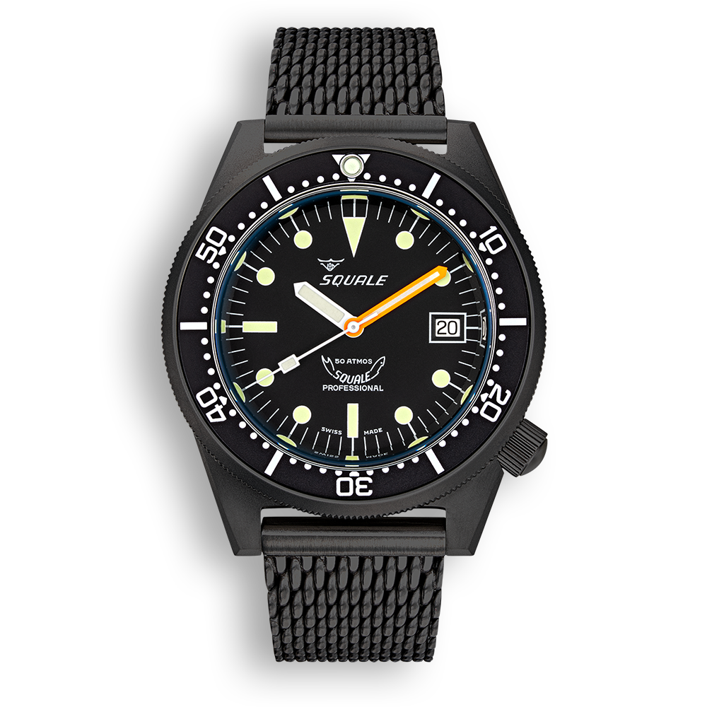 Squale 1521 DLC noire — Milanais noir — vue de face