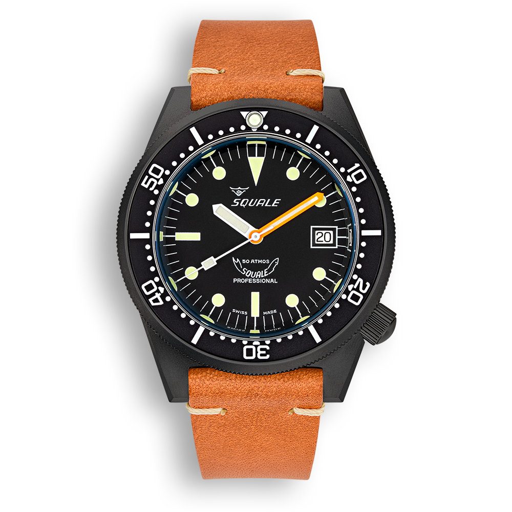Squale 1521 DLC noire — Cuir marron — vue de face