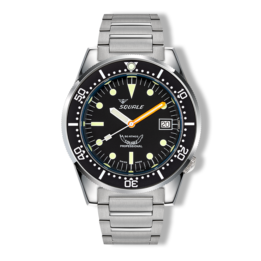 Squale 1521 Classic noire — Base — bracelet acier — vue de face