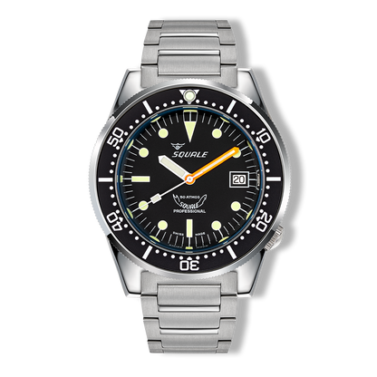 Squale 1521 Classic noire — Base — bracelet acier — vue de face