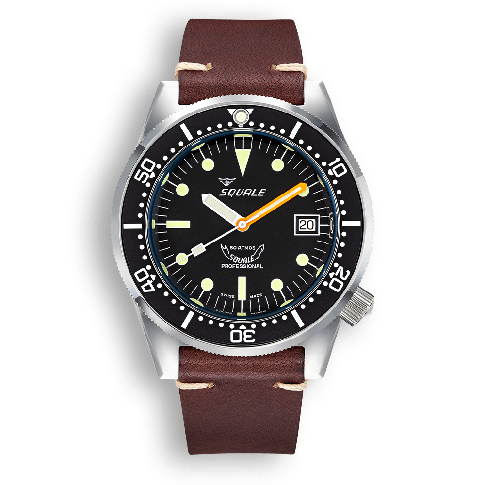 Squale 1521 Classic noire — Base — cuir marron foncé — vue de face