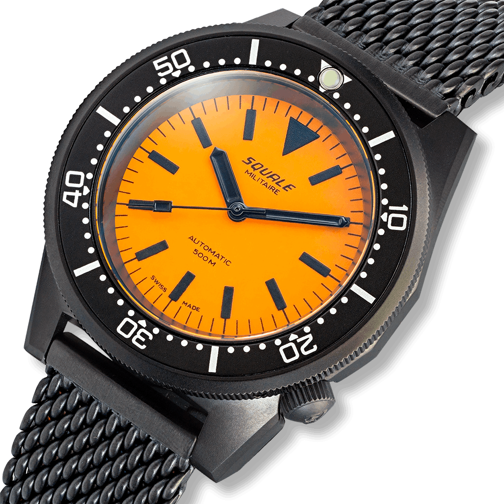 Squale 1521 Full Luminous orange Militaire — Milanais noir — détail de la montre