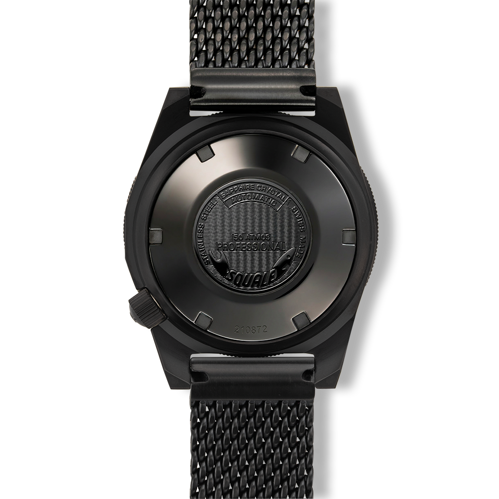 Squale 1521 Full Luminous orange Militaire — Milanais noir — détail de la montre
