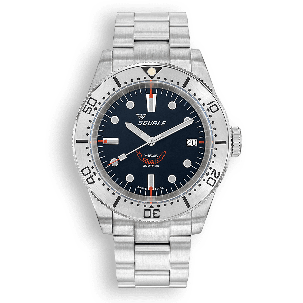 Squale 1545 noire à lunette acier — bracelet acier — vue de face