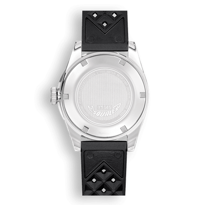 Squale 1545 noire à lunette acier — bracelet caoutchouc noir — vue de dos