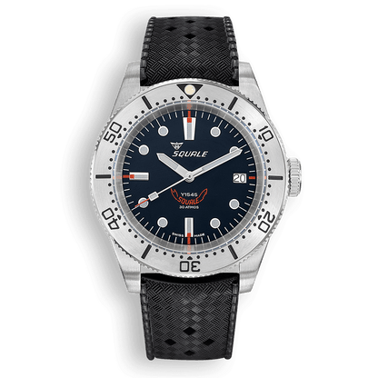 Squale 1545 noire à lunette acier — bracelet caoutchouc noir — vue de face