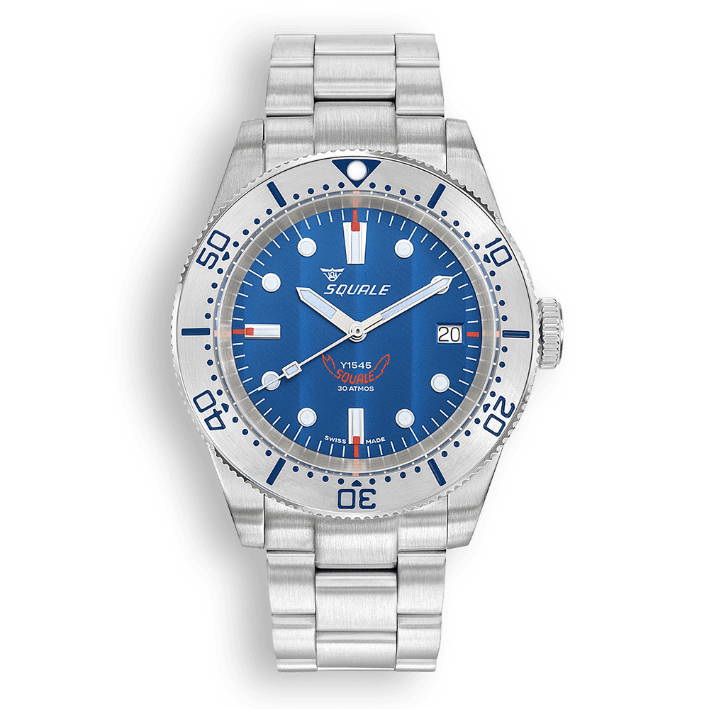 Squale 1545 bleue à lunette acier — bracelet acier — vue de face