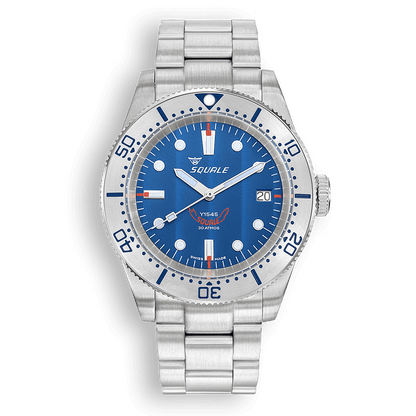 Squale 1545 bleue à lunette acier — bracelet acier — vue de face