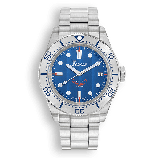 Squale 1545 bleue à lunette acier — bracelet acier — vue de face