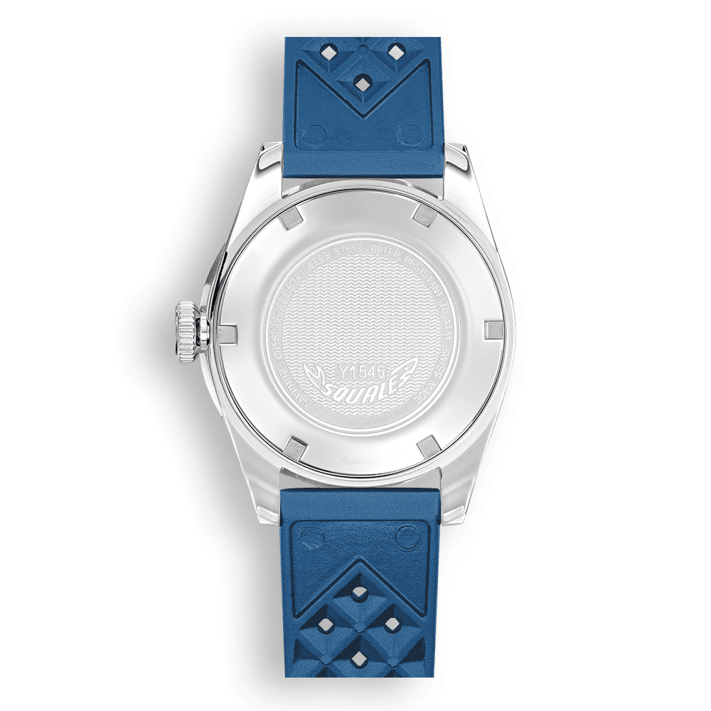 Squale 1545 bleue à lunette acier — bracelet caoutchouc bleu — vue de dos