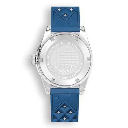 Squale 1545 bleue à lunette acier — bracelet caoutchouc bleu — vue de dos