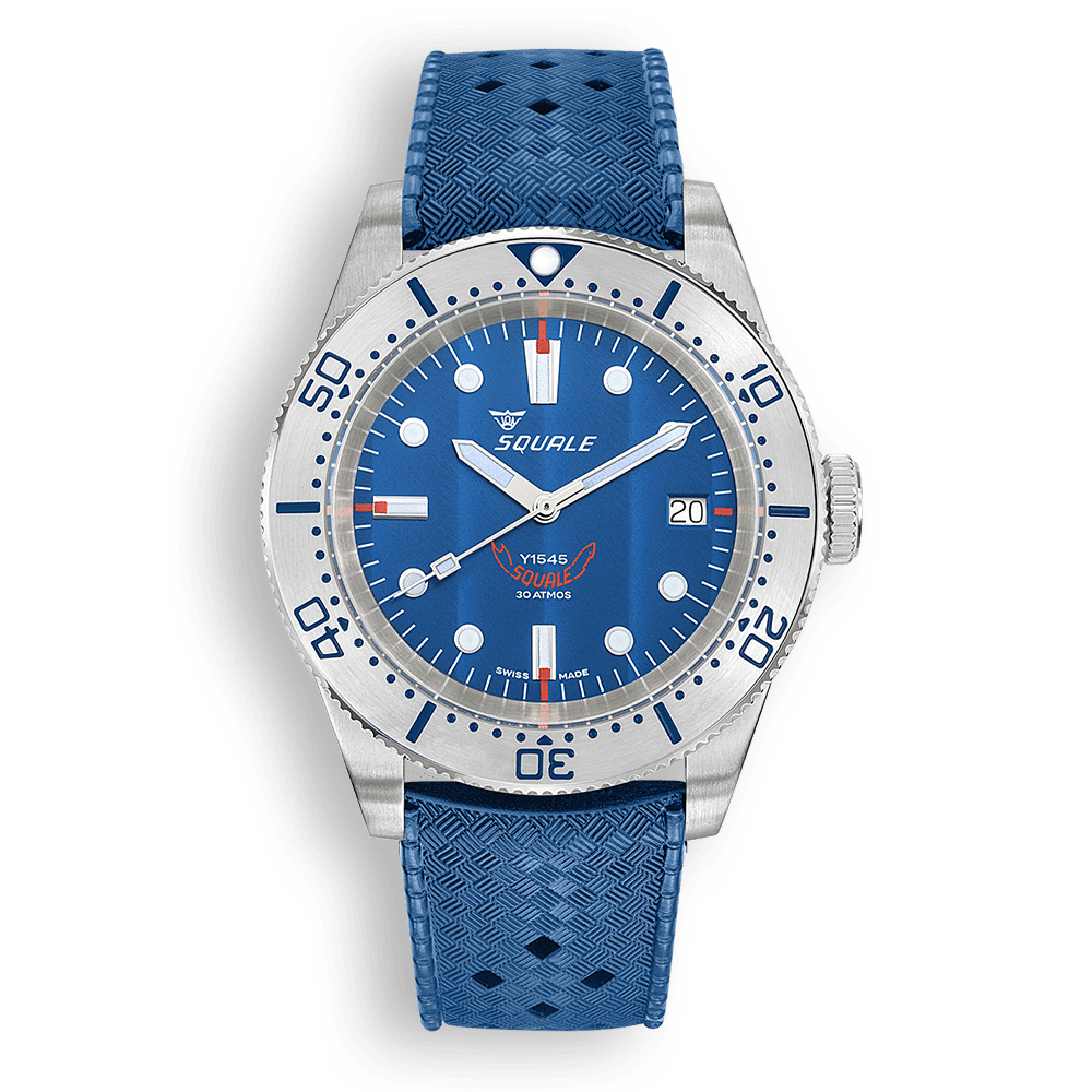 Squale 1545 bleue à lunette acier — bracelet caoutchouc bleu — vue de face