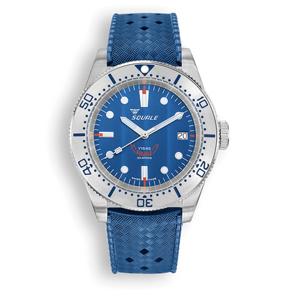 Squale 1545 bleue à lunette acier — bracelet caoutchouc bleu — vue de face