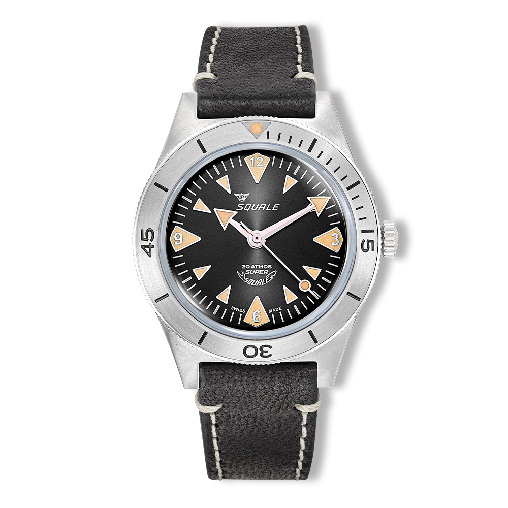 Squale Super Squale Big Arrows noire — bracelet cuir noir — vue de face