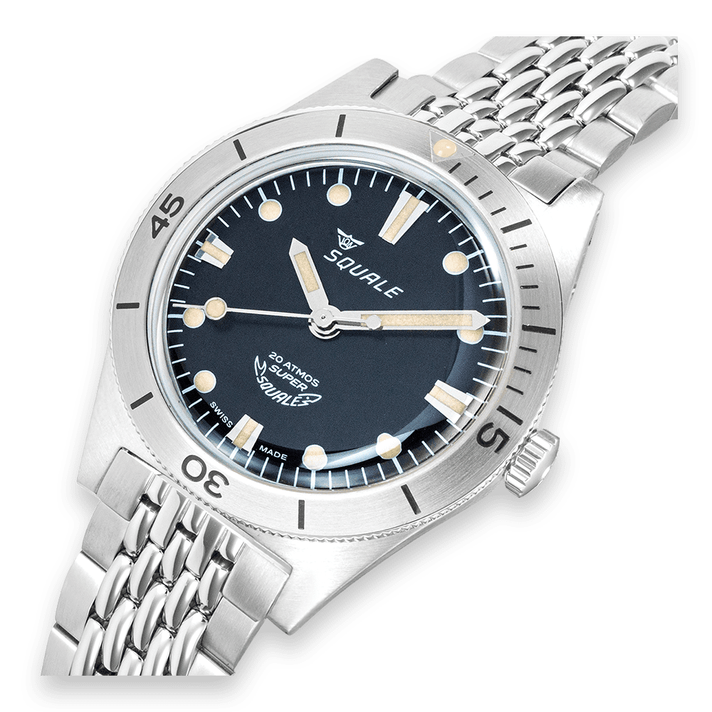 Squale Super Squale Sunray noire — bracelet acier — détail du cadran