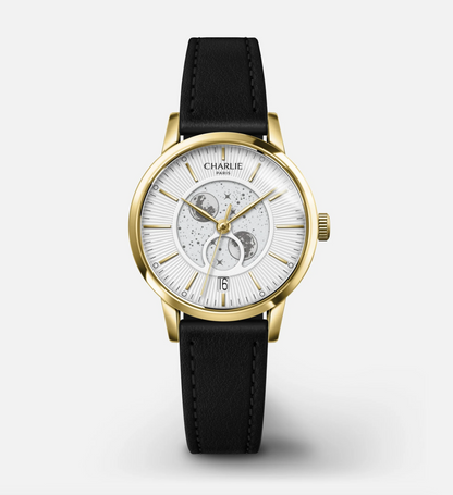 Montre Charlie Paris : Sully Quartz Phase De Lune Blanc Or