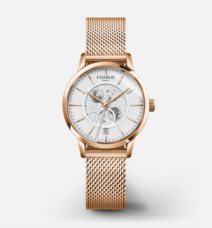 Montre Charlie Paris : Sully Quartz Phase De Lune Blanc & Or Rose