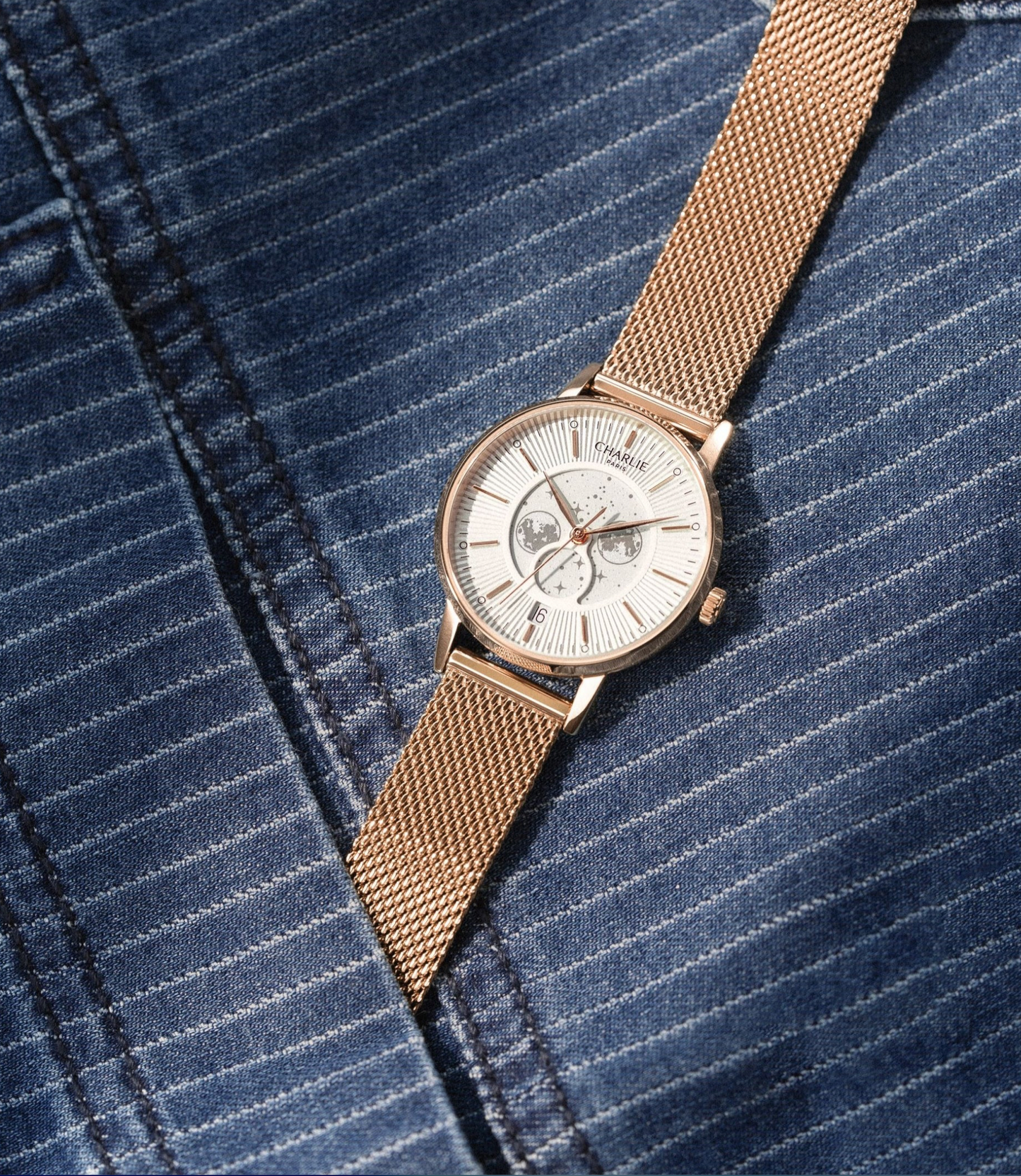 Montre Charlie Paris : Sully Quartz Phase De Lune Blanc & Or Rose