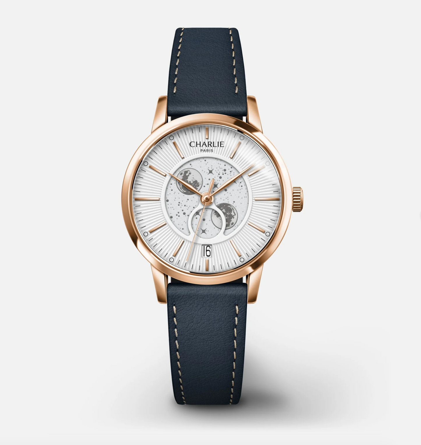 Montre Charlie Paris : Sully Quartz Phase De Lune Blanc & Or Rose