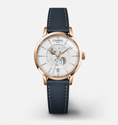 Montre Charlie Paris : Sully Quartz Phase De Lune Blanc & Or Rose